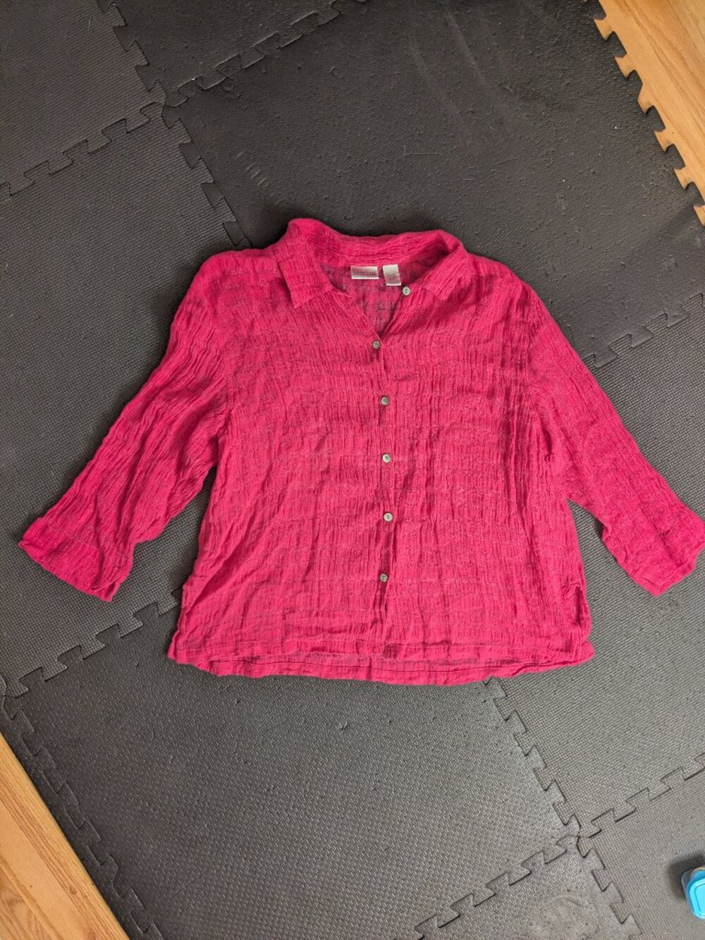chico's 2 us sz 12 pink mother of pearl button up 100% linen top loose weave